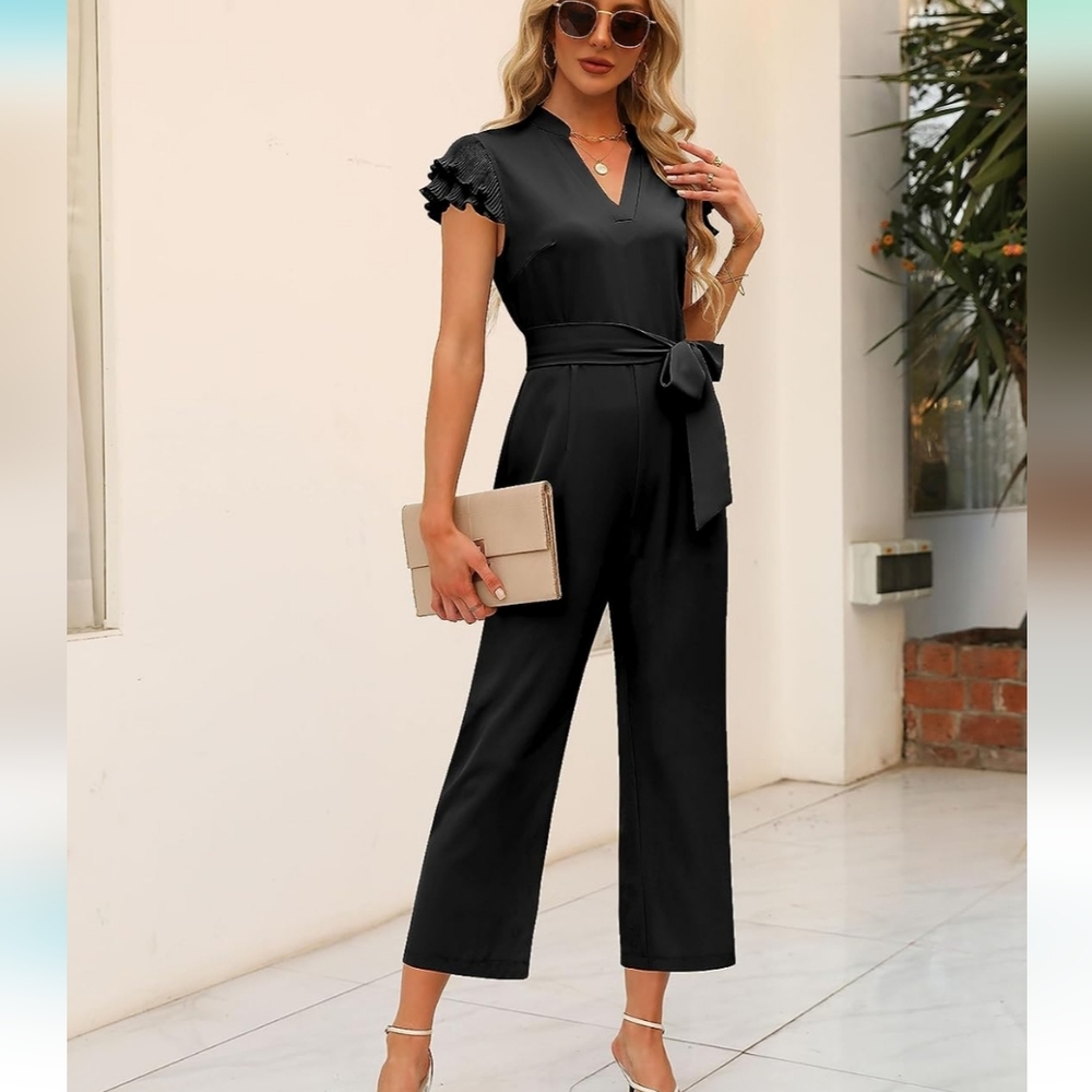 Women's Ruffle Sleeve Belted Jumpsuit - Picture 4 of 11